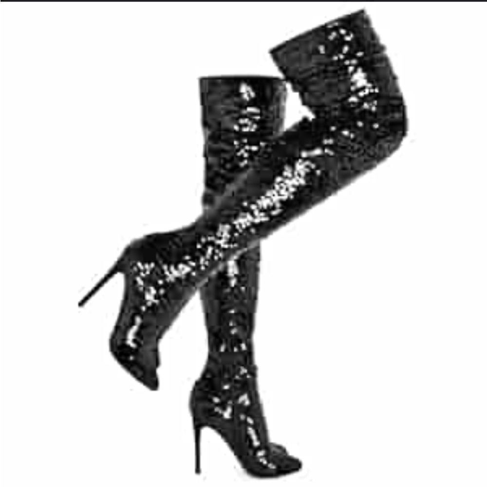 Yoki thigh high Black Sequins heels Boots side zipper SZ8